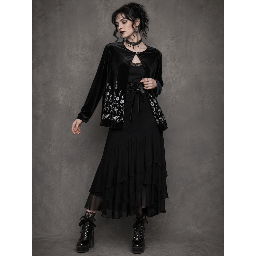 Ronni Nicole Black Velvet Jacket 12P Silver Floral Whimsigoth Evening Formal